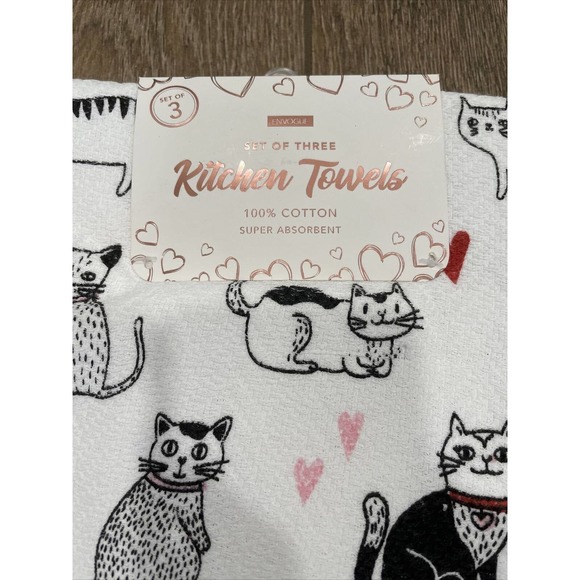 Set 3 CATS Black White Red Kitchen Towels Cat Mom Pink Hearts Mothers Day NEW - Picture 3 of 4